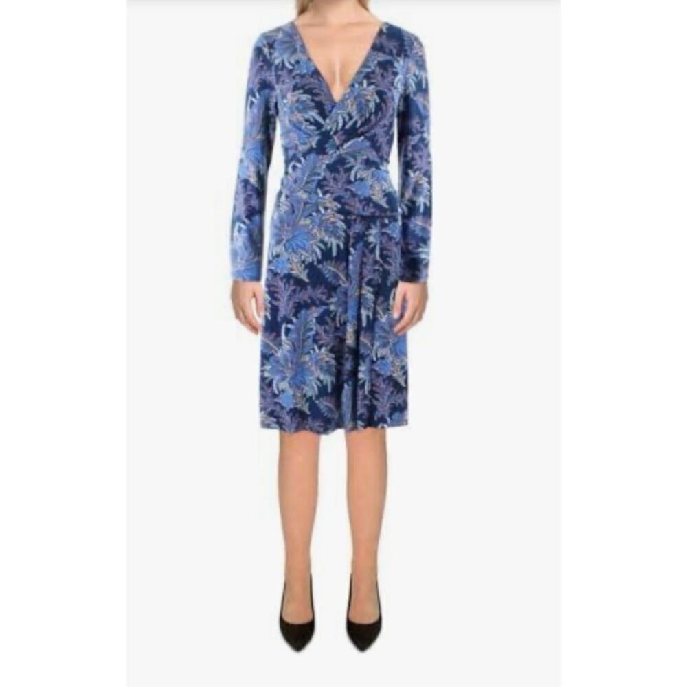 LAUREN RALPH LAUREN Blue Floral Surplice Ruched Pleated A Line Dress Size 12